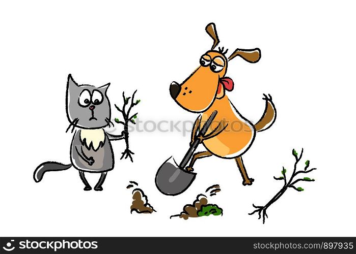 Funny ?at with a seedling and a dog with a shovel plant in the ground,hand drawn vector illustration. Funny ?at with a seedling and a dog with a shovel plant in the
