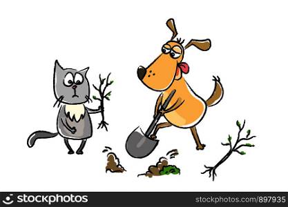 Funny ?at with a seedling and a dog with a shovel plant in the ground,hand drawn vector illustration. Funny ?at with a seedling and a dog with a shovel plant in the