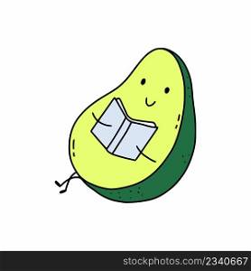Funny avocado is reading book. Vector illustration in doodle style. Sticker postcard.