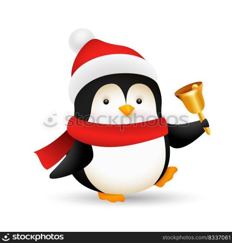 Funny baby penguin ringing bell. Cute character wearing Christmas hat and scarf. Christmas concept. Realistic vector illustration for winter holidays, party, festive event