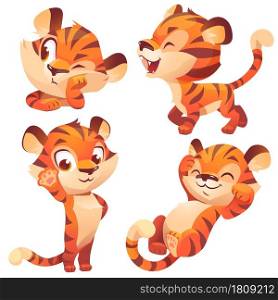 Funny baby tiger character in different poses isolated on white background. Vector set of cartoon cute kitten sleeps, walking, peeking and greeting. Creative emoji set, animal mascot. Cute baby tiger character sleep and walking