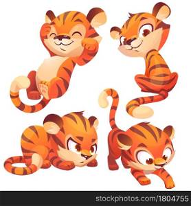 Funny baby tiger character in different poses. Vector set of cartoon cute kitten sitting, sleep, sneaks and hides. Creative emoji set, animal mascot isolated on white background. Cute baby tiger character sleep and sneaks