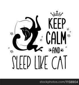 Funny background or banner with black cat and phrase-keep calm and sleep like cat,vector illustration. Funny background or banner