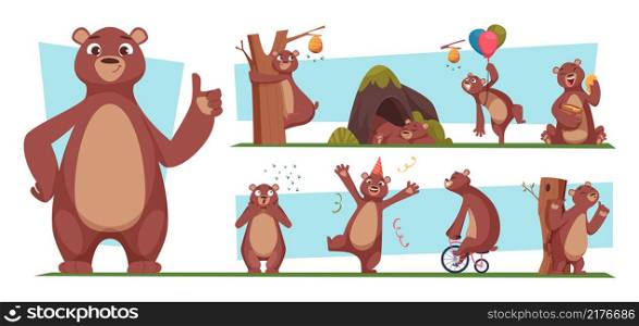 Funny bear. Brown wild animal with honey bear standing jumping cartoon poses exact vector illustrations set. Grizzly teddy, mammal adorable bear mascot. Funny bear. Brown wild animal with honey bear standing jumping cartoon poses exact vector illustrations set