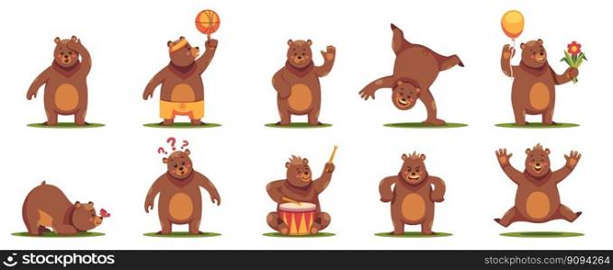 Funny bear character. Cute cartoon teddy mascots, comic fluffy zoo animals in different poses and situations, adorable grizzly. Vector flat set of bear funny, animal mascot illustration of bear mascot. Funny bear character. Cute cartoon teddy mascots, comic fluffy zoo animals in different poses and situations, adorable furry grizzly. Vector flat set