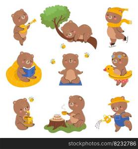 Funny bear character. Isolated bears poses, cartoon animals emoticon. Kawaii wild forest brown animal, nowaday teddy toy with honey vector set of animal character bear cute illustration. Funny bear character. Isolated bears poses, cartoon animals emoticon. Kawaii wild forest brown animal, nowaday teddy toy with honey vector set