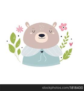 Funny bear in pajamas. Vector composition with floral elements. Perfect for kids print.. Funny bear in pajamas. Vector composition with floral elements