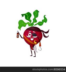 Funny beetroot vegetable corsair emoticon in pirate bandana isolated funny cartoon character with hook hand and rum bottle. Vector farm veggie food, corsair buccaneer, cute captain beet green leaves. Beetroot pirate vegetable isolated with hook hand