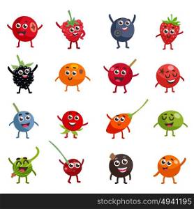 Funny Berries Cartoon Characters. Set of colorful funny berries cartoon characters with happy and smiley faces flat isolated vector illustration