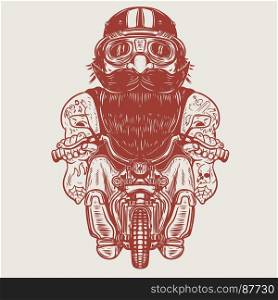 Funny biker caricature. Racer on little motorcycle. Design element for poster, t-shirt, card, banner. Vector illustration