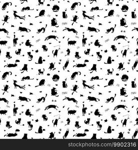 Funny black cats silhouette seamless pattern,cute pets background,hand drawn vector illustration