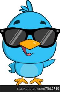 Funny Blue Bird Cartoon Character Waving With Speech Bubble