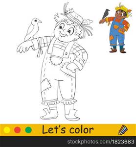 Funny boy in a scarecrow costume with a crow. Halloween concept. Coloring book page for children with colorful template. Vector cartoon illustration. For print, preschool education and game. Coloring with template Halloween boy in a scarecrow costume