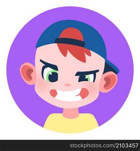 Funny boy in cap. Flat round kid avatar isolated on white background. Funny boy in cap. Flat round kid avatar
