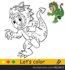 Funny boy in dinosaur costume. Halloween concept. Coloring book page for children with colorful template. Vector cartoon illustration. For print, preschool education and game. Coloring with template Halloween boy in dinosaur costume
