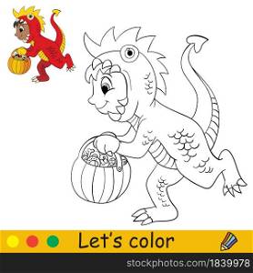 Funny boy in dragon costume. Halloween concept. Coloring book page for children with colorful template. Vector cartoon illustration. For print, preschool education and game. Coloring with template Halloween boy in dragon costume