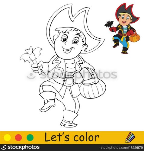 Funny boy in pirate costume. Halloween concept. Coloring book page for children with colorful template. Vector cartoon illustration. For print, preschool education and game. Coloring with template Halloween boy in pirate costume