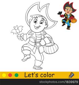 Funny boy in pirate costume. Halloween concept. Coloring book page for children with colorful template. Vector cartoon illustration. For print, preschool education and game. Coloring with template Halloween boy in pirate costume