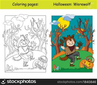 Funny boy in werewolf costume in scary forest. Halloween concept. Coloring book page for children with colorful template. Vector cartoon illustration. For print, decor, preschool education and game.. Coloring and colorful Halloween boy in werewolf costume