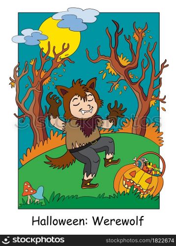 Funny boy in werewolf costume in scary forest. Halloween concept. Cartoon vector illustration. Stock illustration for design, preschool education, decor, print and game.. Halloween vector illustration boy in werewolf costume