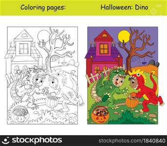 Funny boys in dinosaur costume. Halloween concept. Coloring book page for children with colorful template. Vector cartoon illustration. For print, decor, preschool education and game.. Coloring and colorful Halloween boys in dinosaur costume