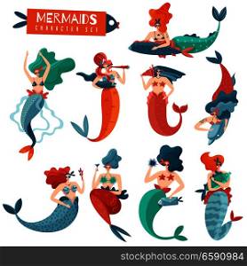 Funny bright mermaids set of fairy characters during various actions isolated flat vector illustration. Mermaids Characters Set
