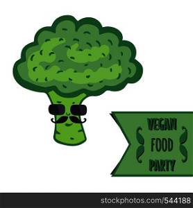 Funny broccoli cartoon character. Vegan food. Hipster broccoli with mustache print. Vector illustration. Funny broccoli cartoon character. Vegan food. Hipster broccoli with mustache print. Vector illustration.