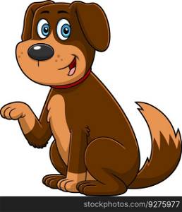 Funny Brown Dog Cartoon Character Gives Paw. Vector Hand Drawn Illustration Isolated On Transparent Background
