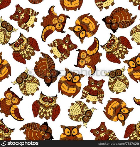 Funny brown owls retro background for nature theme or scrapbook page backdrop design usage with cartoon seamless pattern of flying and nesting forest owls. Retro seamless cute owls birds pattern background