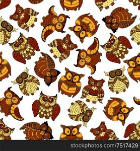 Funny brown owls retro background for nature theme or scrapbook page backdrop design usage with cartoon seamless pattern of flying and nesting forest owls. Retro seamless cute owls birds pattern background