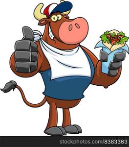 Funny Bull Cartoon Character Giving The Thumbs Up And Holding A Burrito. Vector Hand Drawn Illustration Isolated On White Background