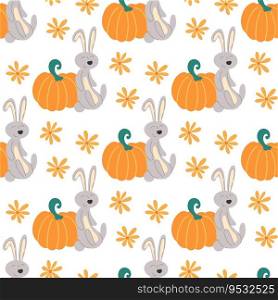 Funny bunnies with pumpkins seamless pattern. Background of cute rabbits with flowers and pumpkins. Thanksgiving print for textiles, packaging and design, vector illustration. Funny bunnies with pumpkins seamless pattern