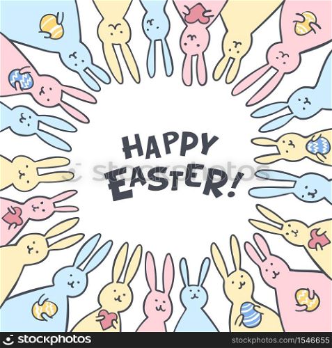 Funny bunny Easter Greeting card with Easter rabbits in pastel cplors. Illustration of cute bunnies with easter eggs and hearts and Happy Easter text. Vector illustration. Funny bunny Easter Greeting card with white Easter rabbits. Illustration of cute bunnies with easter eggs and hearts and Happy Easter text.