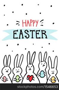 Funny bunny Easter Greeting card with white Easter rabbits. Illustration of cute bunnies with easter eggs and hearts and Happy Easter text. Vector illustration. Funny bunny Easter Greeting card with white Easter rabbits. Illustration of cute bunnies with easter eggs and hearts and Happy Easter text.