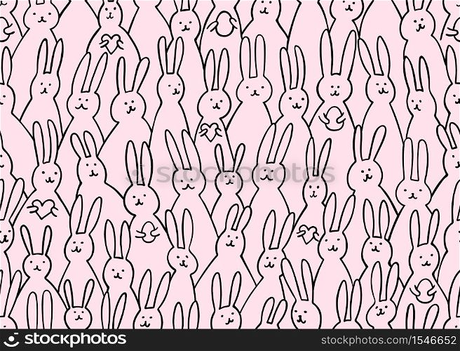 Funny bunny seamless pattern. Illustration of cute easter bunnies with easter eggs and hearts on pink background. Bright easter background for textile, fabric, covers, manufacturing, scrapbooking, wallpapers, print, gift wrapping. Vector illustration. Funny bunny seamless pattern. Illustration of cute easter bunnies with easter eggs and hearts. Bright easter background for textile, fabric, covers, manufacturing, scrapbooking, wallpapers, print, gift wrapping. Vector illustration