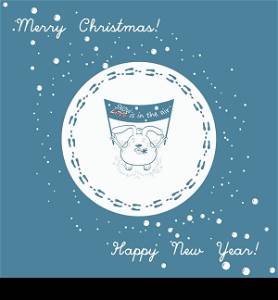 Funny bunny with a banner: Snow is in the air and snowflake on the tongue. Merry Christmas and Happy New Year holiday greeting card with comic rabbit and footprints. Winter card with footprints