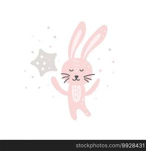Funny Bunny with star Lovely Nursery Art in Scandinavian style design. Dreaming rabbit nordic. Doodle Vector illustration dream.. Funny Bunny with star Lovely Nursery Art in Scandinavian style design. Dreaming rabbit nordic. Doodle Vector illustration dream