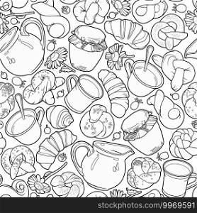 Funny buns, honey, milk, tea cup and berries seamless pattern. Vector cartoon hand drawn food illustration.. Funny buns, honey, milk, tea cup and berries seamless pattern.