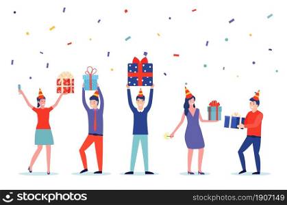 Funny business people people with gifts. new year and birthday party. Celebration idea concept. Vector illustration in flat style. Dancing people holding gift boxes