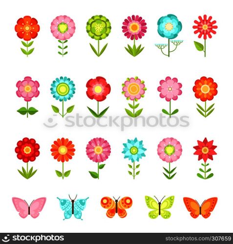 Funny butterfly on flowers in garden. Illustrations of natural flower in flat style isolate on white background. Collection of flower and butterfly, summer green flowers. Funny butterfly on flowers in garden. Illustrations of natural flower in flat style isolate on white background