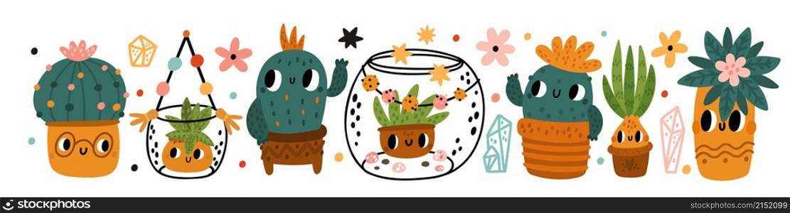Funny cactus. Home plants in pots or different florariums. Kawaii succulents with cute faces in terrariums. Spiky desert cacti in flowerpot. Cartoon floral characters. Vector isolated houseplants set. Funny cactus. Home plants in pots or different florariums. Kawaii succulents with cute faces in terrariums. Desert cacti in flowerpot. Cartoon floral characters. Vector houseplants set