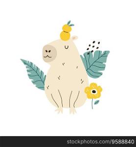 Funny capybara sitting in a jungle with oranges on the head. Vector illustration of cute rodent animal. Funny capybara sitting in a jungle with oranges on the head