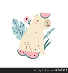 Funny capybara sitting with watermelon in a jungle. Vector illustration of cute rodent animal.. Funny capybara sitting with watermelon in a jungle. Vector illustration of cute rodent animal