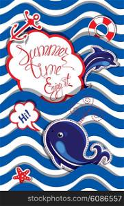 Funny Card with blue whale and dolphin on striped background. Round frame with calligraphic words Summer Time! Enjoy it!