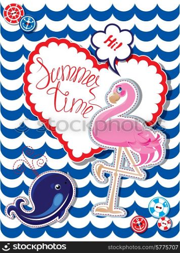 Funny Card with pink flamingo and blur whale on stripe background. Heart frame with calligraphic words Summer Time