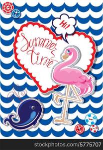 Funny Card with pink flamingo and blur whale on stripe background. Heart frame with calligraphic words Summer Time
