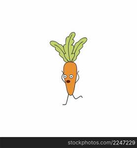 Funny carrot with eyes running and holding his head. Funny fruits and vegetables with a face. A character for children.