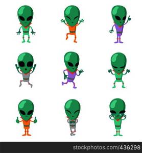 Funny cartoon aliens vector green humanoid characters. Humanoid and alien character, monster friendly martian illustration. Funny cartoon aliens vector green humanoid characters