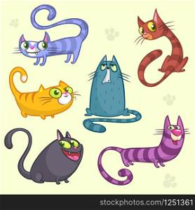Funny cartoon and vector cats characters. Vector set of colorful cats. Cat breeds cute pet animal collection. Isolated objects