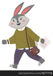 Funny cartoon animal student. Lovely cute hare schoolboy with paper sheet in hand is rushing to the lesson. Back to school concept. Active rabbit pupil in uniform and with a bag on his shoulder. Funny animal student. Lovely cute hare schoolboy with paper sheet in hand is rushing to the lesson